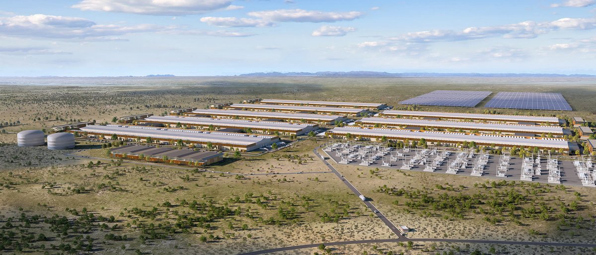 Schematic rendering of the Project Horizon campus on Longfellow Ranch: long, low data center buildings on a wide West Texas plain with hills on the horizon.